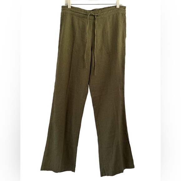 NWT For Cynthia Linen Blend Straight Leg Elastic Waist Pull On Green Pants - L - Picture 1 of 9
